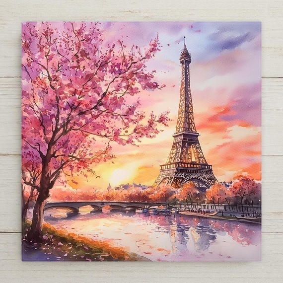 Eiffel Tower Ceramic Tile: Romantic Paris Sunset, Cherry Blossoms