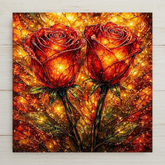 Stained Glass Roses Ceramic Tile Wall Art – Romantic Floral Home Decor, Glowing Red Rose Artwork, Anniversary Gift
