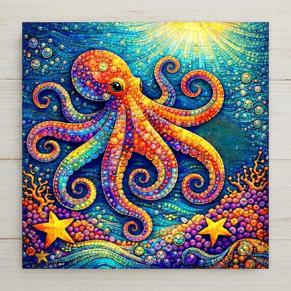 Octopus Coastal Wall Art Ceramic Tile – Colorful Ocean Octopus Mosaic, Vibrant Sea Life Design, Nautical Home Decor, Stained Glass Style
