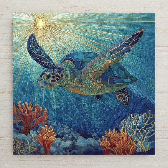 Sea Turtle Ceramic Tile Wall Art – Stained Glass Style Ocean Decor, Underwater Mosaic Artwork Coastal Home Decor Gift Beach Cottage Wall Art