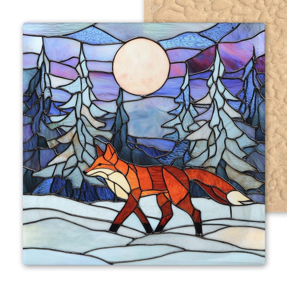 Rustic Red Fox Ceramic Tile Wall Art: Winter Forest Stained Glass Style for Nature Lovers & Cabin Decor