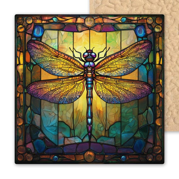 Art Nouveau Dragonfly Ceramic Wall Tile - Stained Glass Inspired Nature Decor - William Morris Style Gift