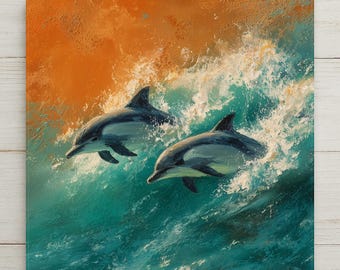 May include: A square canvas painting depicting two dolphins leaping through a turquoise ocean wave. The background features a vibrant orange sky with thick, textured brushstrokes. The water is rendered in shades of deep blue and green.