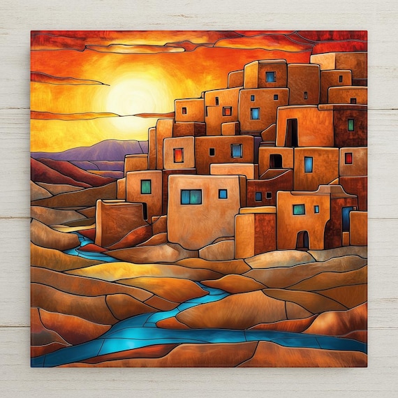 Taos Pueblo Ceramic Tile Wall Art New Mexico Decor Southwest Sunset Adobe Village Gift Desert Landscape Art