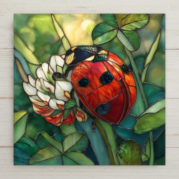 Ladybug Wall Art Ceramic Tile – Stained Glass Clover Decor, Lucky Garden Insect Art, Cottagecore Botanical Home Decor