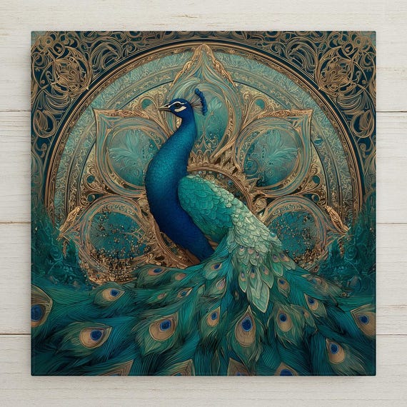 Peacock Ceramic Tile Art: Turquoise & Gold Feather Boho Decor