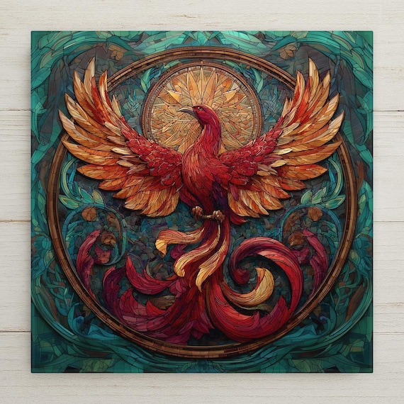 Phoenix Ceramic Tile Wall Art – Stained Glass Style Rising Bird Design, Mythical Home Decor Gift, Vibrant Wall Decor for Art Lovers