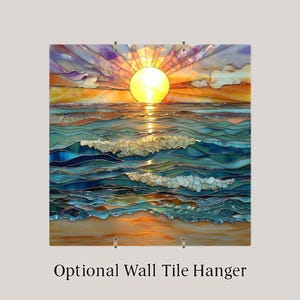 Ocean Sunset Ceramic Tile Wall Art – Stained Glass Style Coastal Seascape, Beach Wall Decor, Ocean Waves Home Decor Gift image 4