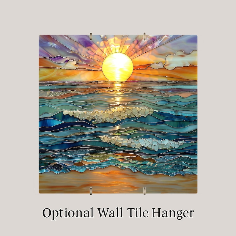 Ocean Sunset Ceramic Tile Wall Art – Stained Glass Style Coastal Seascape, Beach Wall Decor, Ocean Waves Home Decor Gift image 4