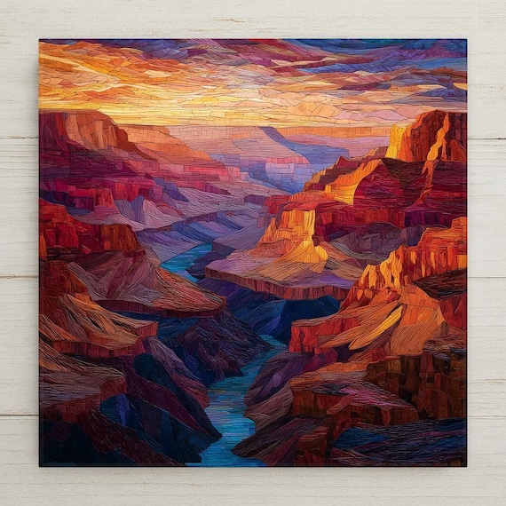 Grand Canyon River Ceramic Tile Art: Stained Glass Style National Park Landscape Wall Decor for Nature Lovers
