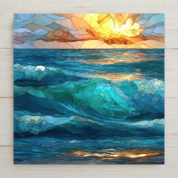 Abstract Ocean Waves Ceramic Tile Wall Art – Stained Glass Style Coastal Decor, Meaningful Home Decor, Calming Sea Wall Art