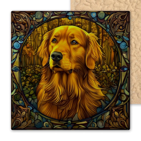 Golden Retriever Art Nouveau Tile: Mucha-Inspired Dog Decor Coaster, Trivet, Wall Art Gift