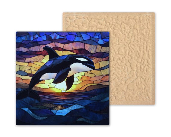 Handcrafted Orca Whale Ceramic Tile Art: Ocean Sunset Trivet, Marine Wildlife Kitchen Decor, Unique Gift