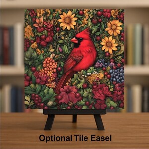 Cardinal Wall Art Ceramic Tile Art Nouveau Gift William Morris Red Cardinal Decor Memorial Bird Sympathy Nature image 3