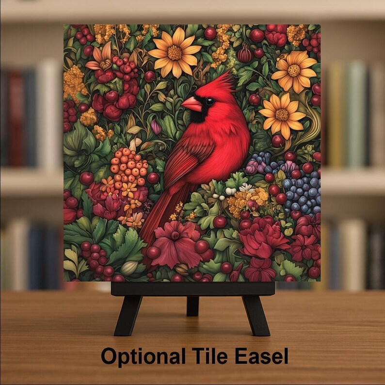 Cardinal Wall Art Ceramic Tile Art Nouveau Gift William Morris Red Cardinal Decor Memorial Bird Sympathy Nature image 3