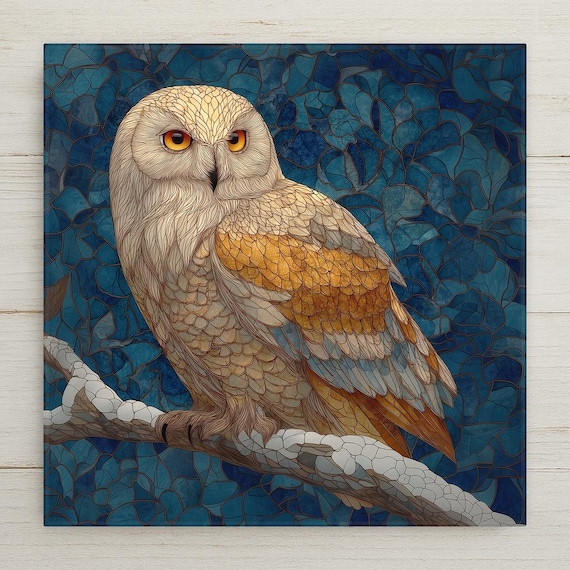 Snowy Owl Wall Art Ceramic Tile Stained Glass Style Owl Gift Portrait Wildlife Nature Decor Bird Lover Art