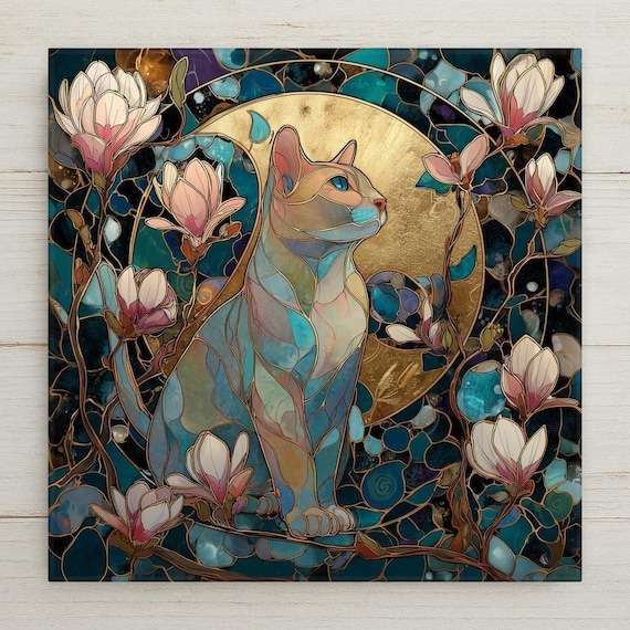 Magnolia Moon Cat Ceramic Wall Art: Stained Glass-Inspired Tile for Pet Lovers & Coastal Cottage Decor