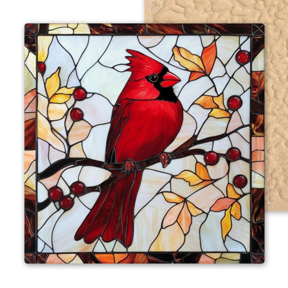 Handcrafted Cardinal Ceramic Tile: Stained Glass Inspired Wall Art for Nature Lovers & Memorial Gifts