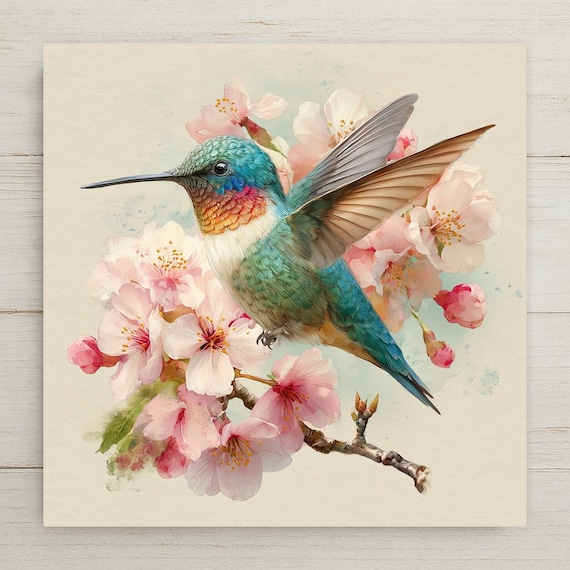 Hummingbird Cherry Blossoms Ceramic Art Tile: Colorful Spring Wall Decor Bird Lover Gift Home Decor Watercolor Bird Art