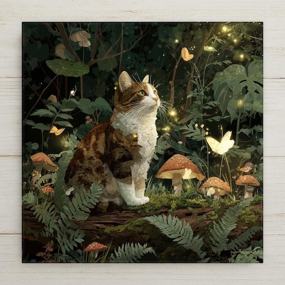 Enchanted Forest Cat Ceramic Tile Wall Art – Mystical Woodland Cat Scene, Fantasy Home Decor, Glowing Fireflies, Whimsical Nature Wall Decor