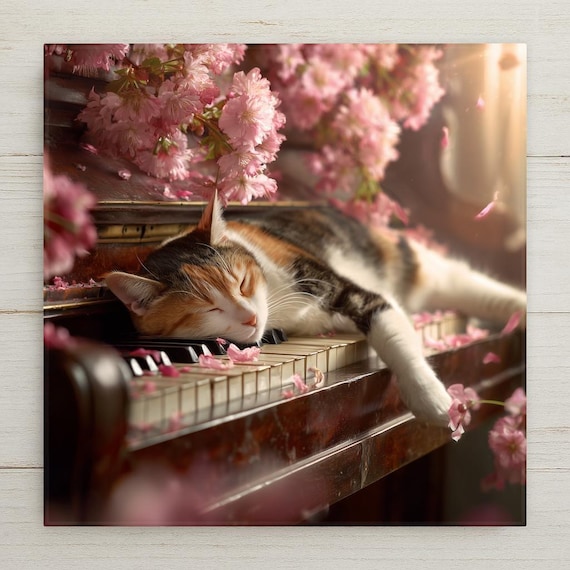 Sleeping Cat Piano Wall Art Ceramic Tile Stained Glass Style Cherry Blossom Musical Feline Decor Pet Lover Gift Cottagecore Home