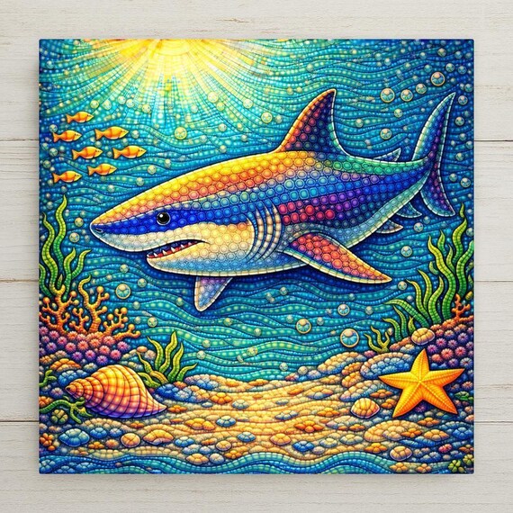 Whimsical Shark Ceramic Tile Wall Art – Ocean Nursery Decor, Coastal Baby Shower Gift, Colorful Sea Life Home Decor