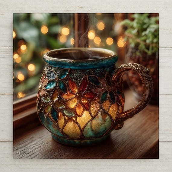 Coffee Mug Wall Art Ceramic Tile Stained Glass Style Coffee Lover Gift Morning Decor Kitchen Art Gift for Her Cozy