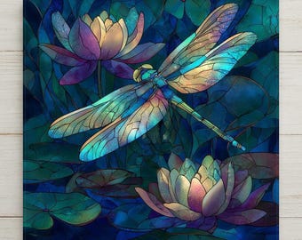 Dragonfly & Lotus Ceramic Tile Wall Art – Stained Glass Style Nature Decor, Tranquil Home Accent, Meaningful Gift