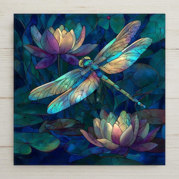 Dragonfly & Lotus Ceramic Tile Wall Art – Stained Glass Style Nature Decor, Tranquil Home Accent, Meaningful Gift