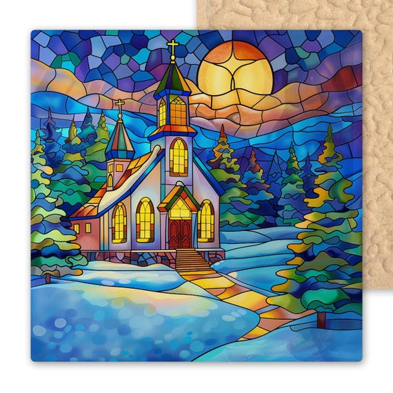 Stained Glass Winter Chapel Tile Art: Christmas Church Holiday Decor, Spiritual Gift, Seasonal Wall Hanging