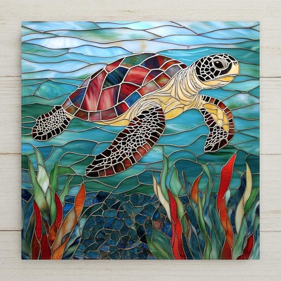 Coastal Sea Turtle Ceramic Tile Art: Handmade Stained Glass Nautical Decor for Underwater Enthusiasts