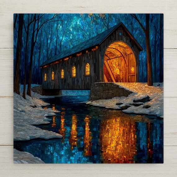 Covered Bridge Wall Art Ceramic Tile Stained Glass Style Winter Snow Cabin Decor Americana Nature Gift Art