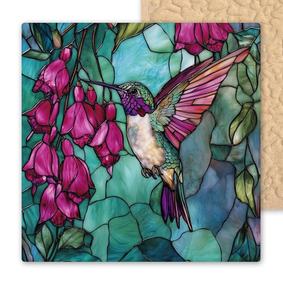 Hummingbird Fuchsia Ceramic Tile Art - Stained Glass Style Wall Decor, Pink Teal Spring Bird Lover Gift