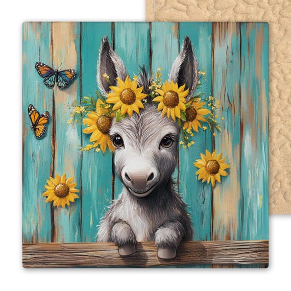 Whimsical Baby Donkey Ceramic Tile Art with Sunflowers - Rustic Farm Animal Wall Decor for Country Home