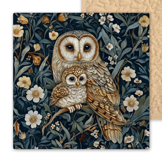 Art Nouveau William Morris Inspired Woodland Owl Lovers Ceramic Tile Wall Decor Vintage Art Style Classic Owl And Baby Owl Art Trivet