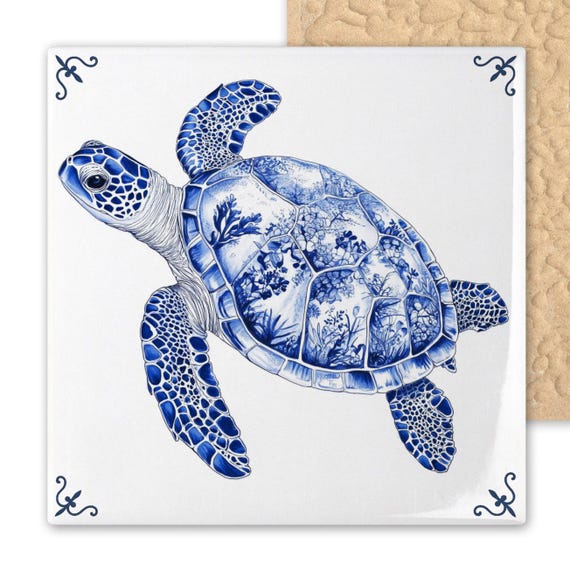 Whimsical Blue Delft Sea Turtle Tile Art - Nautical Coastal Wall Decor - Dutch Ceramic Ocean Gift