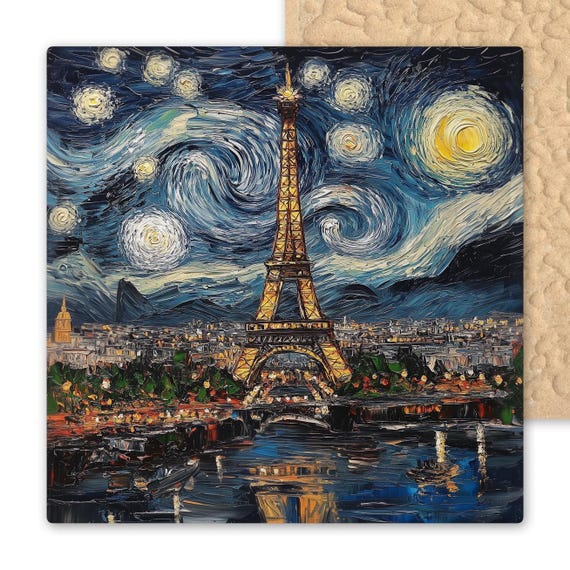 Eiffel Tower Starry Night Ceramic Tile - Paris Cityscape Impressionist Art Decor, Van Gogh Style