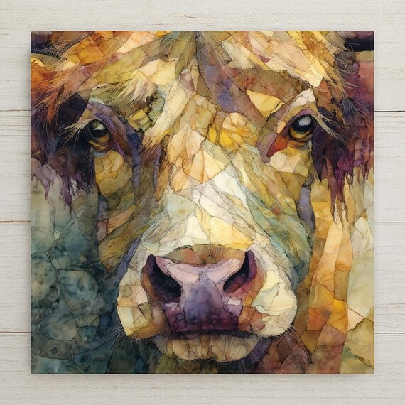Highland Cow Ceramic Tile Wall Art Decor – Rustic Farm Animal Portrait, Stained Glass Style Country Home Decor