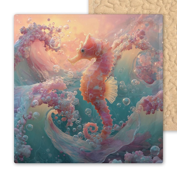 Seahorse Ocean Wall Art Ceramic Tile Stained Glass Style Pastel Waves Coral Reef Nautical Coastal Beach Cottage Marine Life Decor