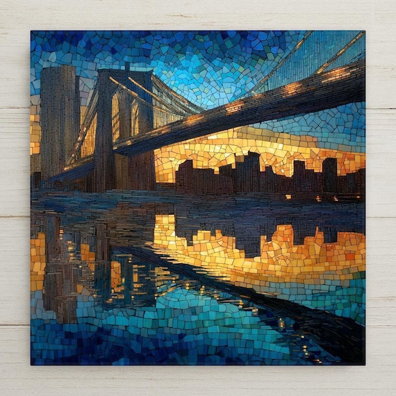 Brooklyn Bridge Mosaic Ceramic Tile Art: NYC Skyline Wall Decor with Sunset Reflection for Urban Travel Enthusiasts