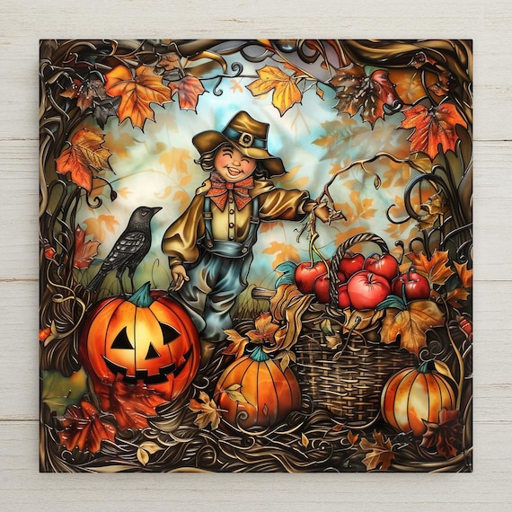 Autumn Scarecrow Ceramic Tile Art: Fall Harvest Wall Decor with Pumpkins, Apples, and Crow