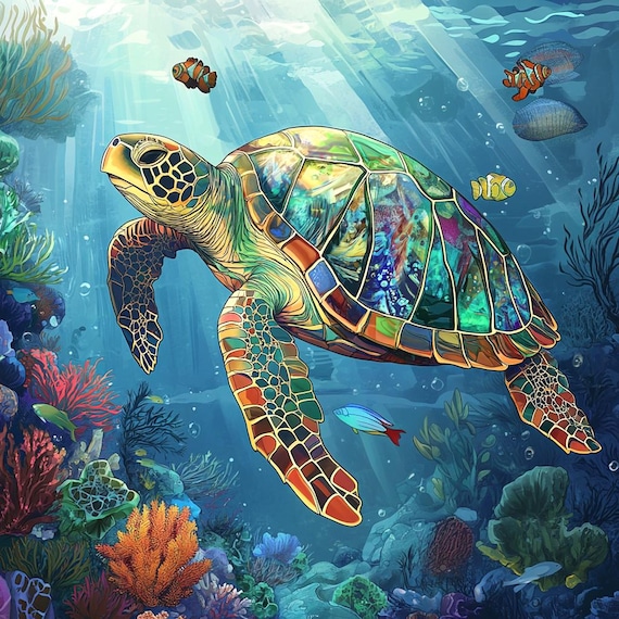 Sea Turtle Ceramic Tile Art - Coastal Nautical Art Deco Wildlife Decor