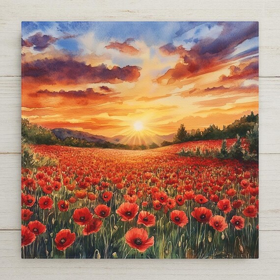 Red Poppy Field Ceramic Tile: Sunset Floral Wall Art for Cottagecore Decor, Rustic Landscape Painting