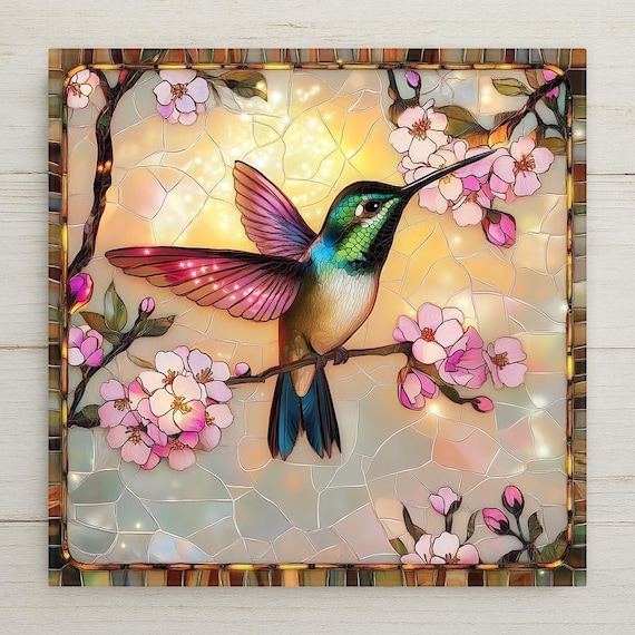 Handcrafted Stained Glass Hummingbird Ceramic Tile: Vibrant Floral Garden Wall Art Decor