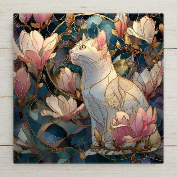 Magnolia Blossom Cat Wall Art Ceramic Tile Spring Floral Decor Cat Gift Mothers Day Gift