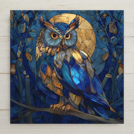 Owl Ceramic Tile Wall Art - Stained Glass Woodland Nature Forest Home Decor Gift
