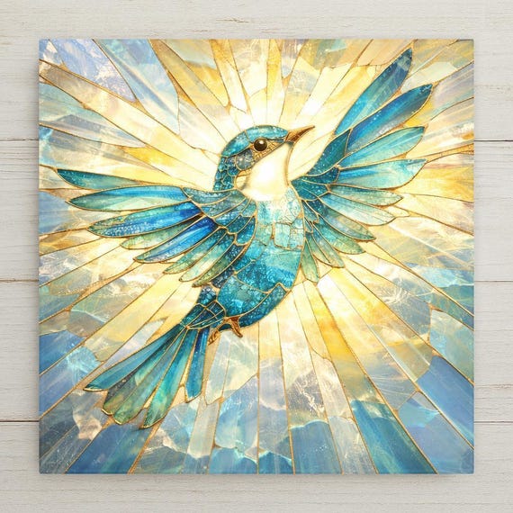 Stained Glass Bluebird Ceramic Tile Wall Art – Stained Glass Style Coastal Bird Home Decor, Nature Wall Decor, Gift for Bird Lovers