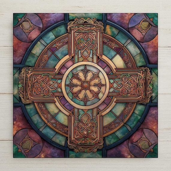 Celtic Cross Ceramic Tile Wall Art – Stained Glass Style Irish Knot Design, Spiritual Wall Decor, Medieval Christian Home Decor