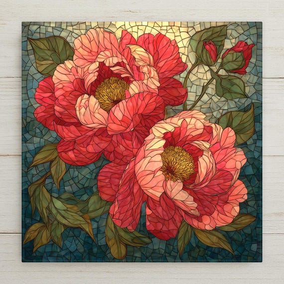 Peony Ceramic Tile Wall Art – Stained Glass Style Floral Home Decor, Botanical Gift, Vibrant Garden Flowers Art Tile for Wall Decor