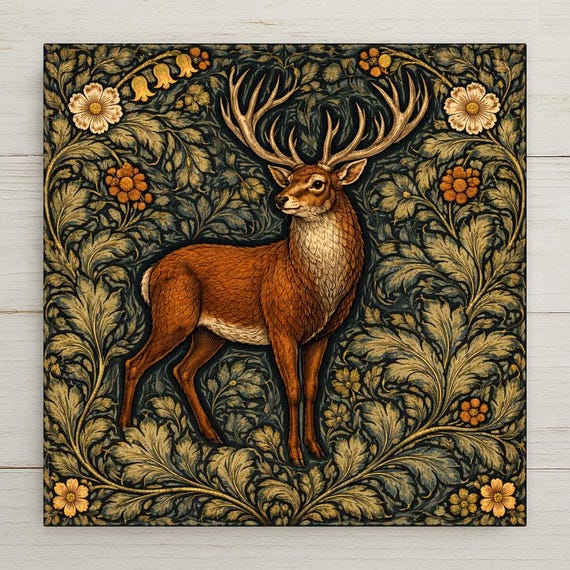 Stag Wall Art Ceramic Tile – Deer Decor – William Morris Style Woodland Wall Decor – Cabin Lodge Home Decor Gift